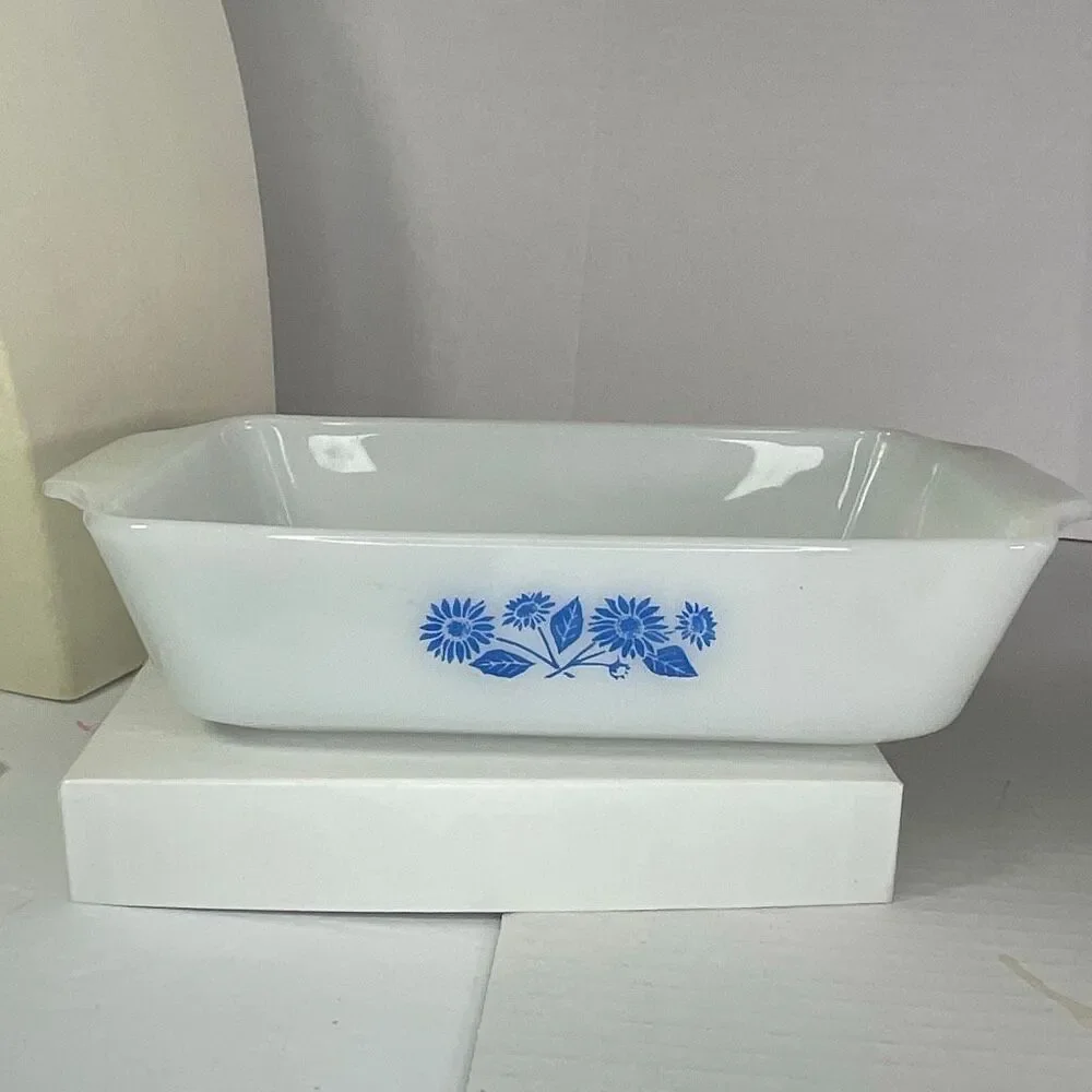 Vintage Fire-King Anchor Hocking casserole loaf pan blue floral design
